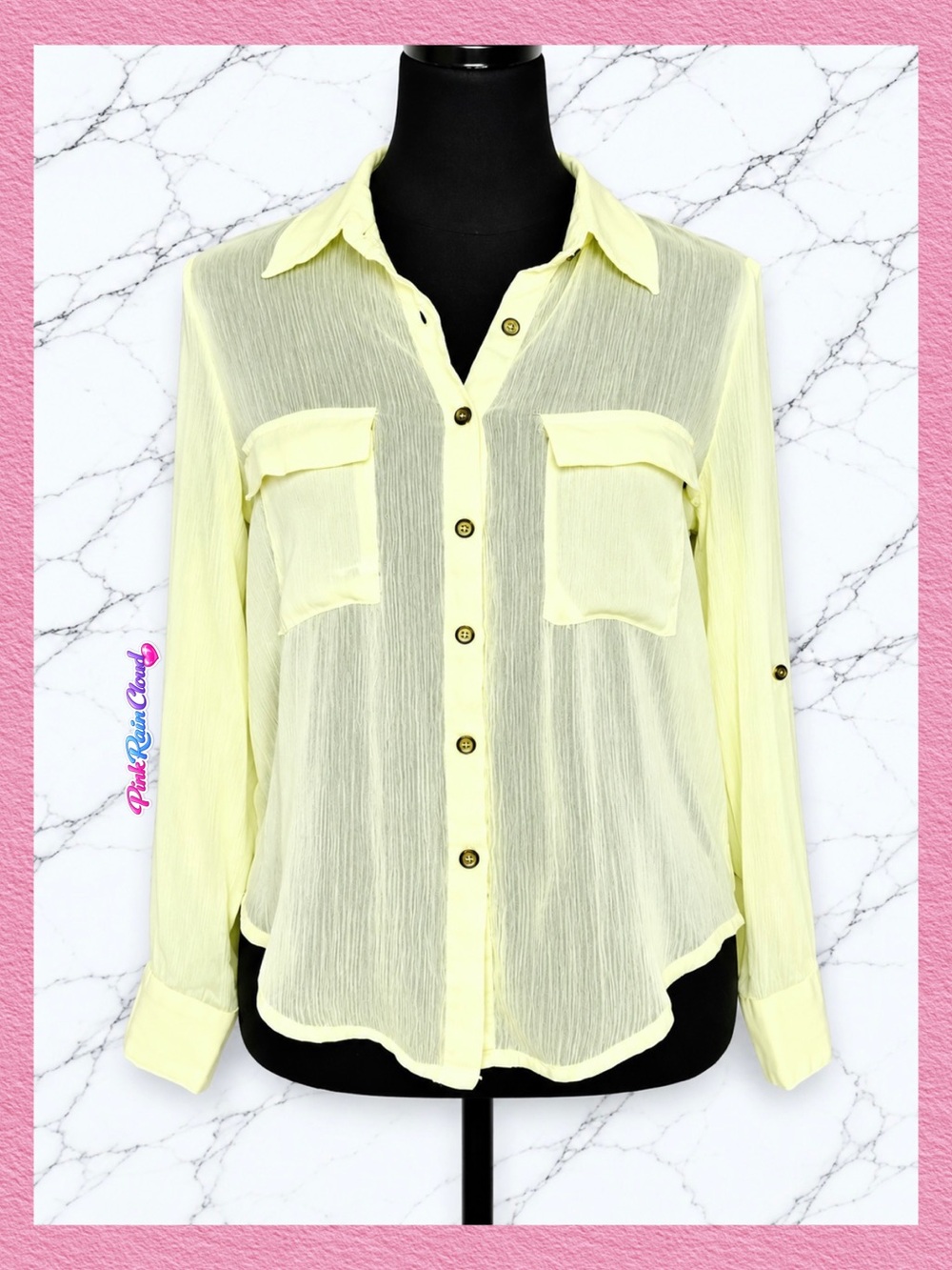 Living Doll 90s Sheer Light Yellow Button Front Blouse Juniors Small